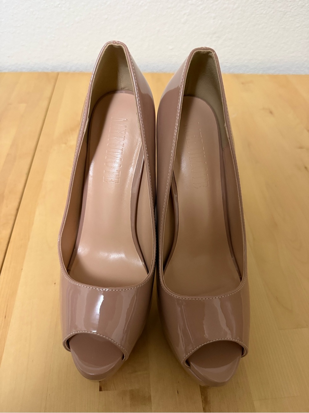 Merumote Women’s Patent Peep-Toe Pumps Stiletto 6inches in Nude size 9.5